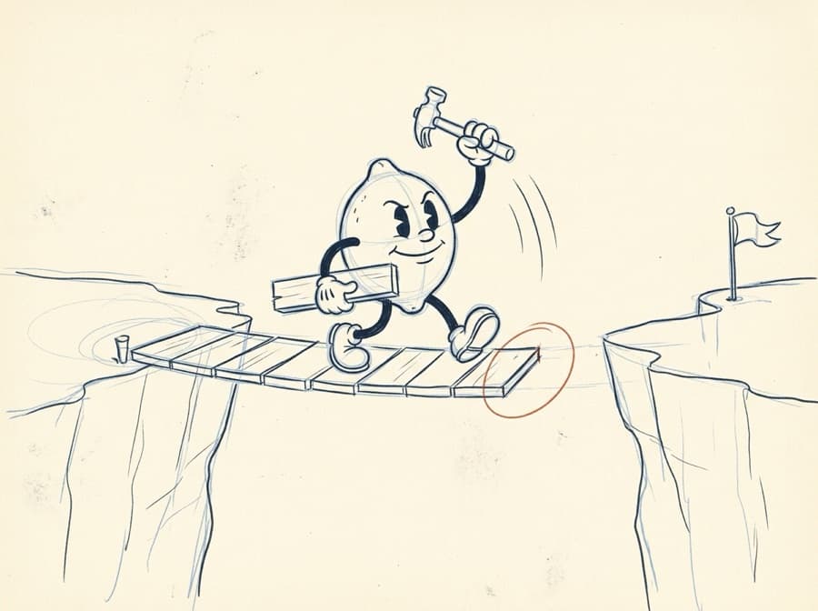 Pencil storyboard sketch of the lemon mid-stride on a half-built plank bridge, swinging a hammer, with the far cliff getting closer.