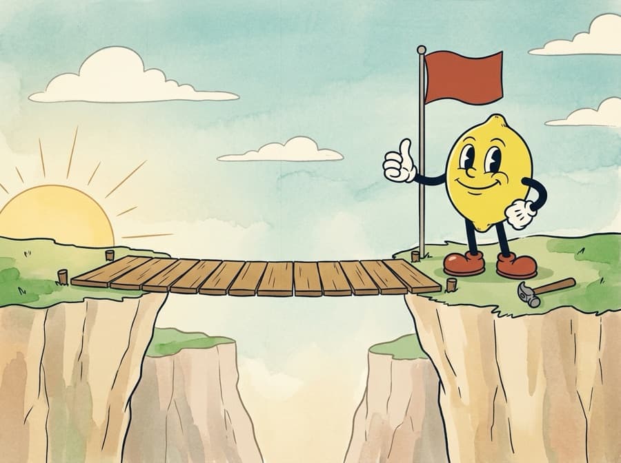 Finished painted cartoon frame of the lemon standing proudly beside the flag on the far cliff, the completed bridge behind him at sunrise.