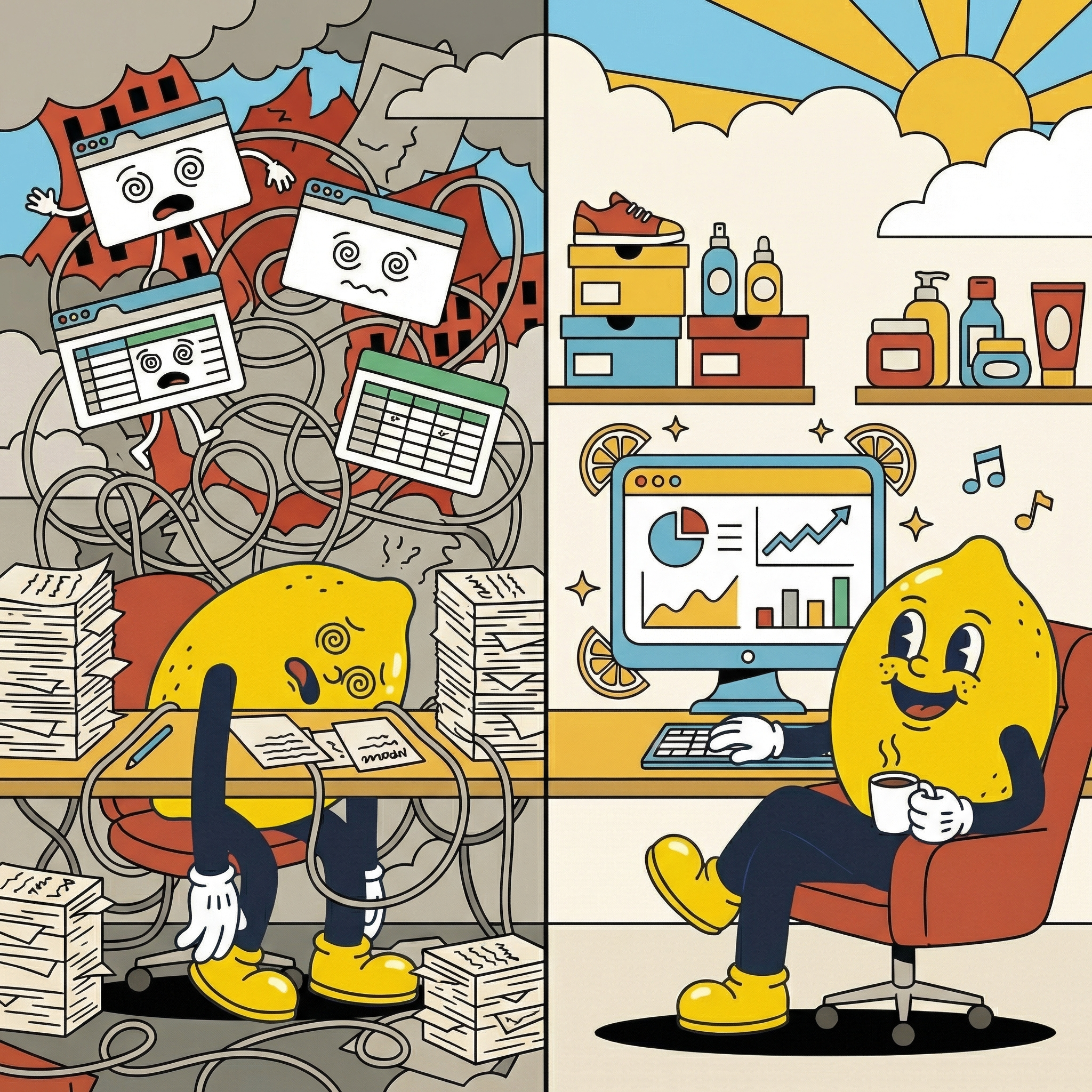 Split illustration: overwhelmed operator buried in paperwork and tangled wires versus the same person relaxed at a clean desk with charts and lemon-branded dashboard